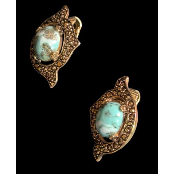Sarah Coventry Vintage Clip-On Earrings Turquoise Faux Stone & Rhinestones Gold- - Picture 2 of 8